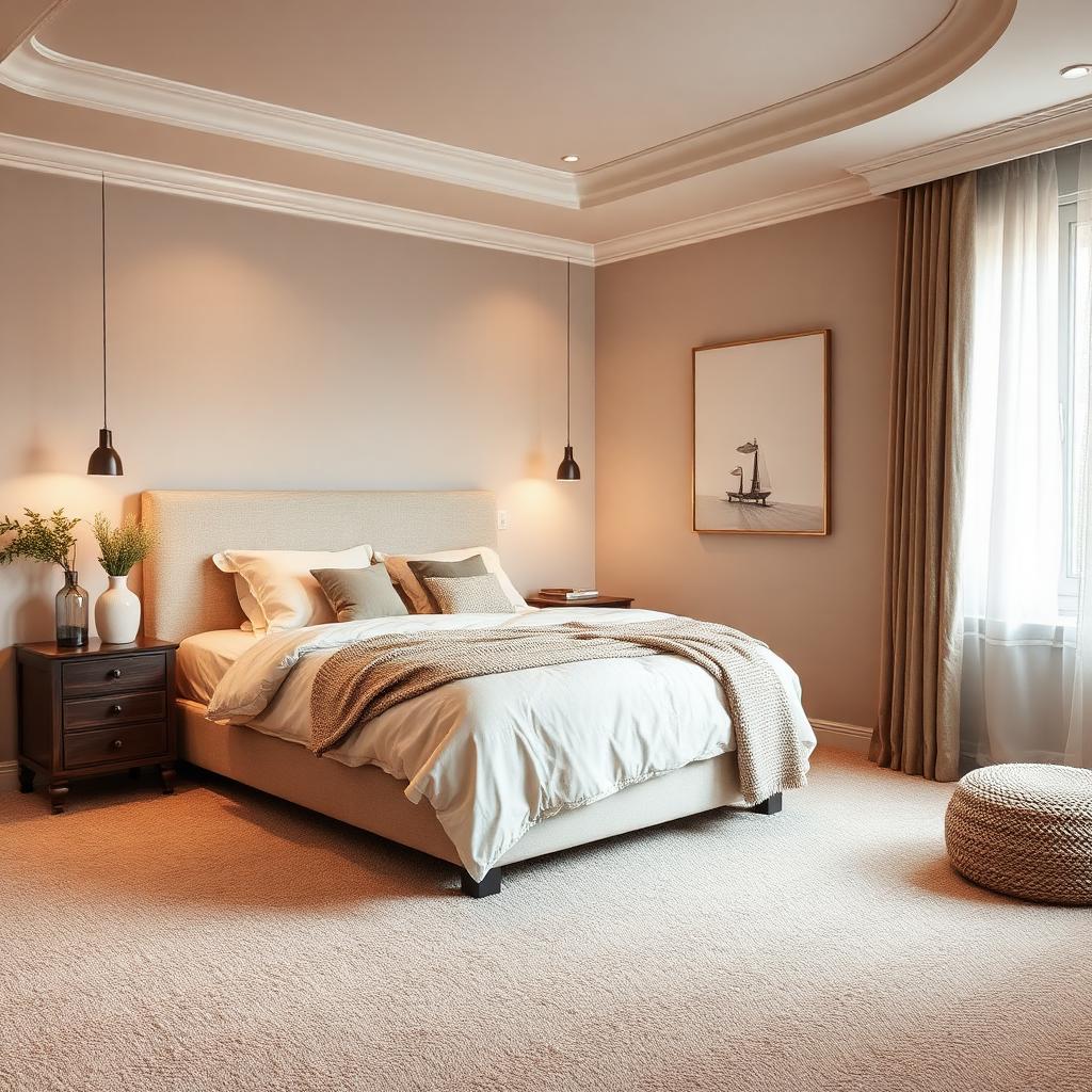 Cozy bedroom with plush neutral carpet