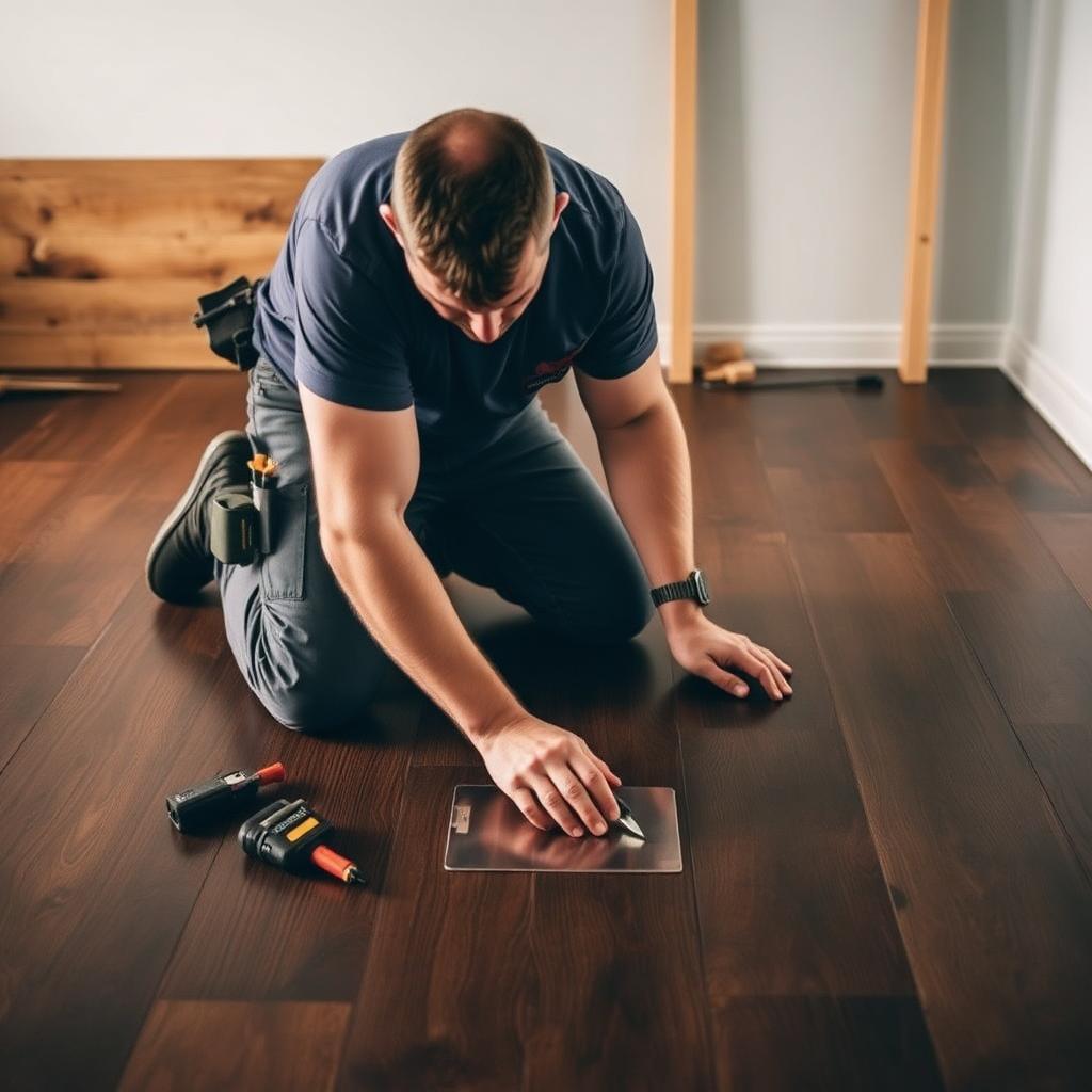 Master installer fitting wide-plank hardwood