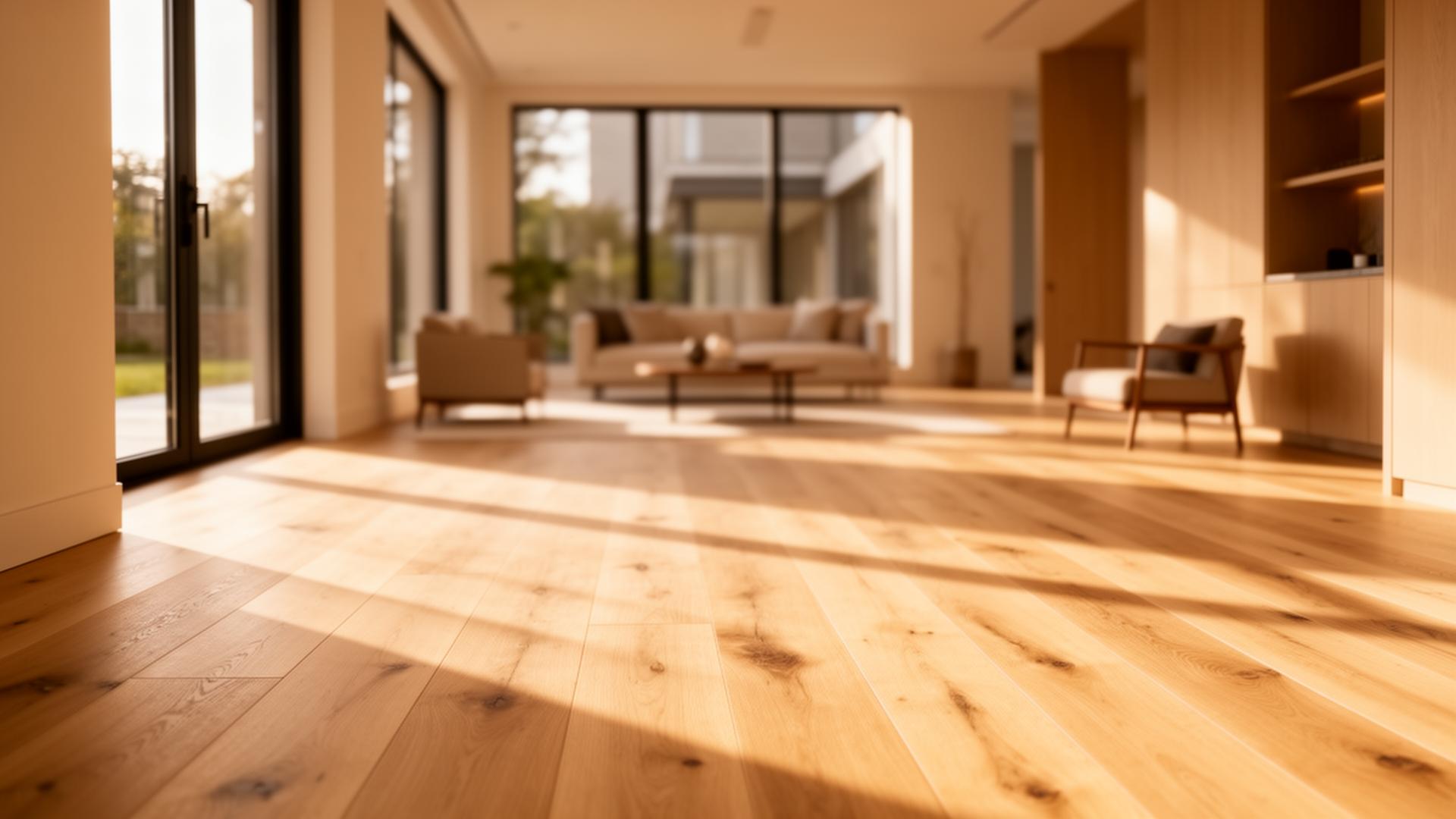Premium hardwood flooring in a sunlit modern living room