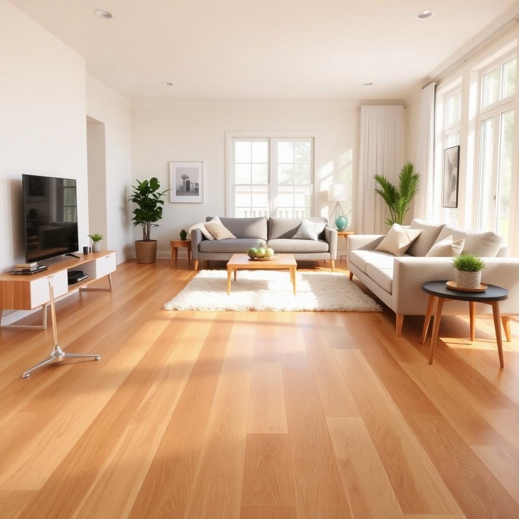 Sunlit living room with oak hardwood flooring