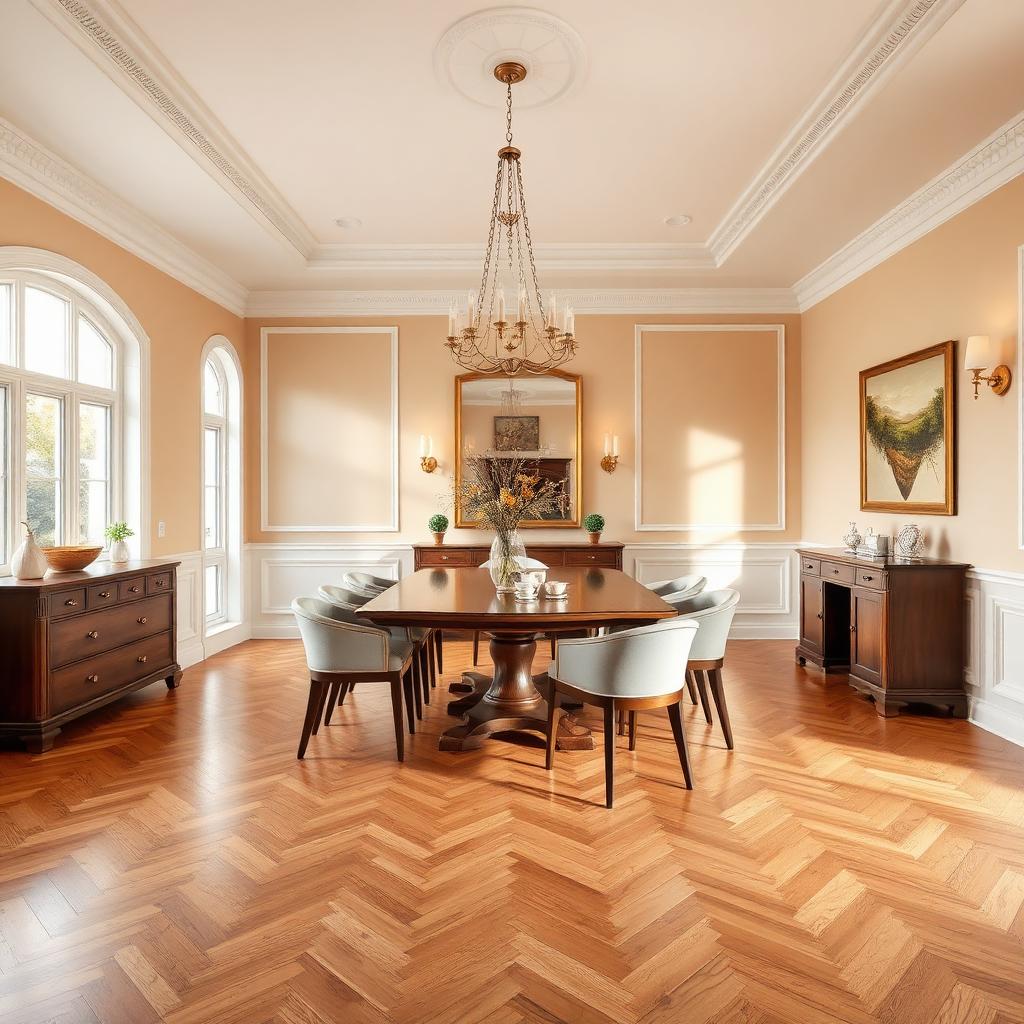 Dining room with chevron hardwood flooring